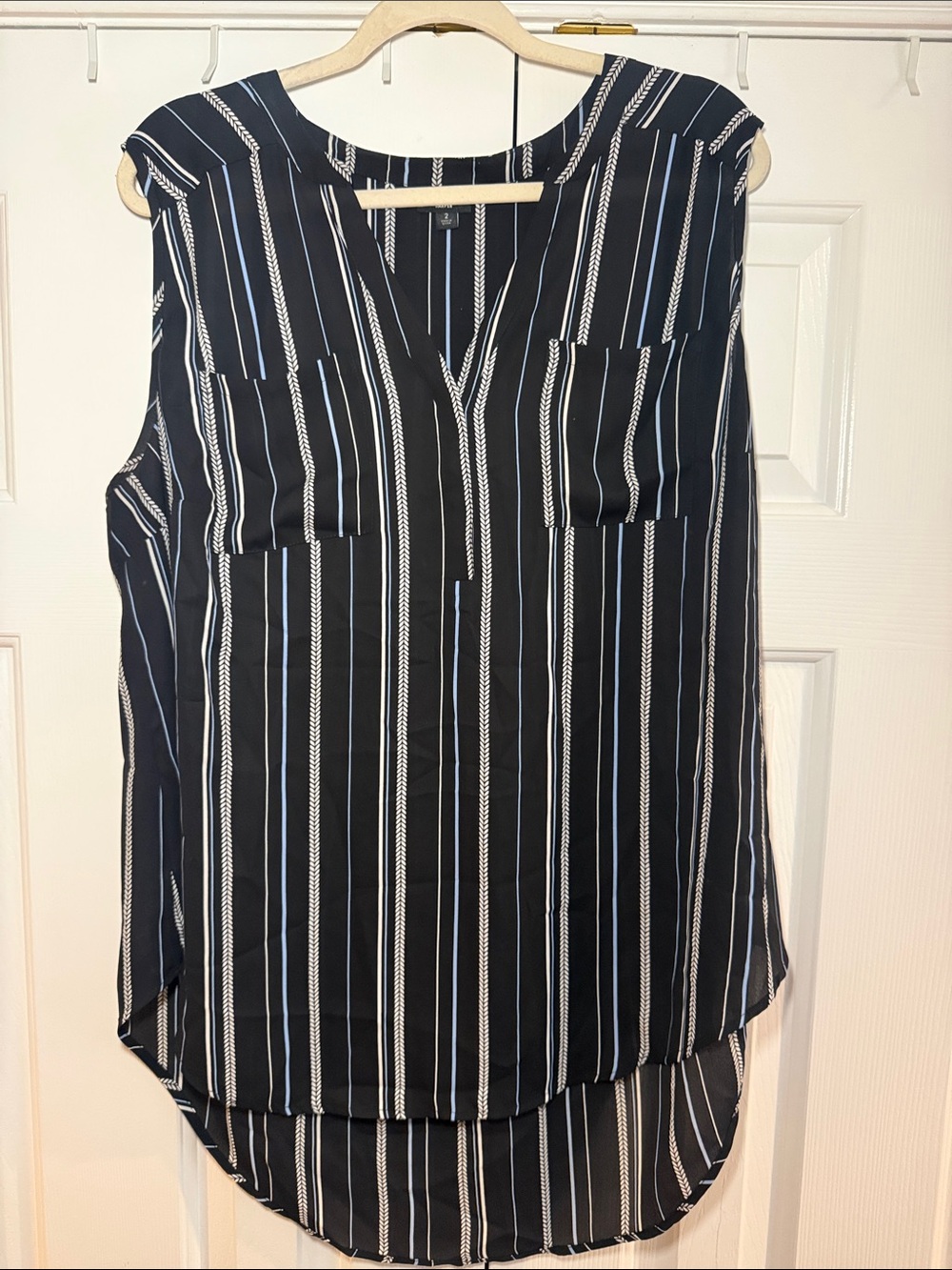 torrid Black White and Blue Vertical Stripe Sleeveless V-Neck Blouse
